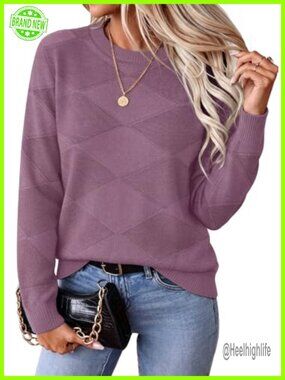 Womens Crewneck Pullover Sweater Diamond Knit Long Sleeve Fall Top